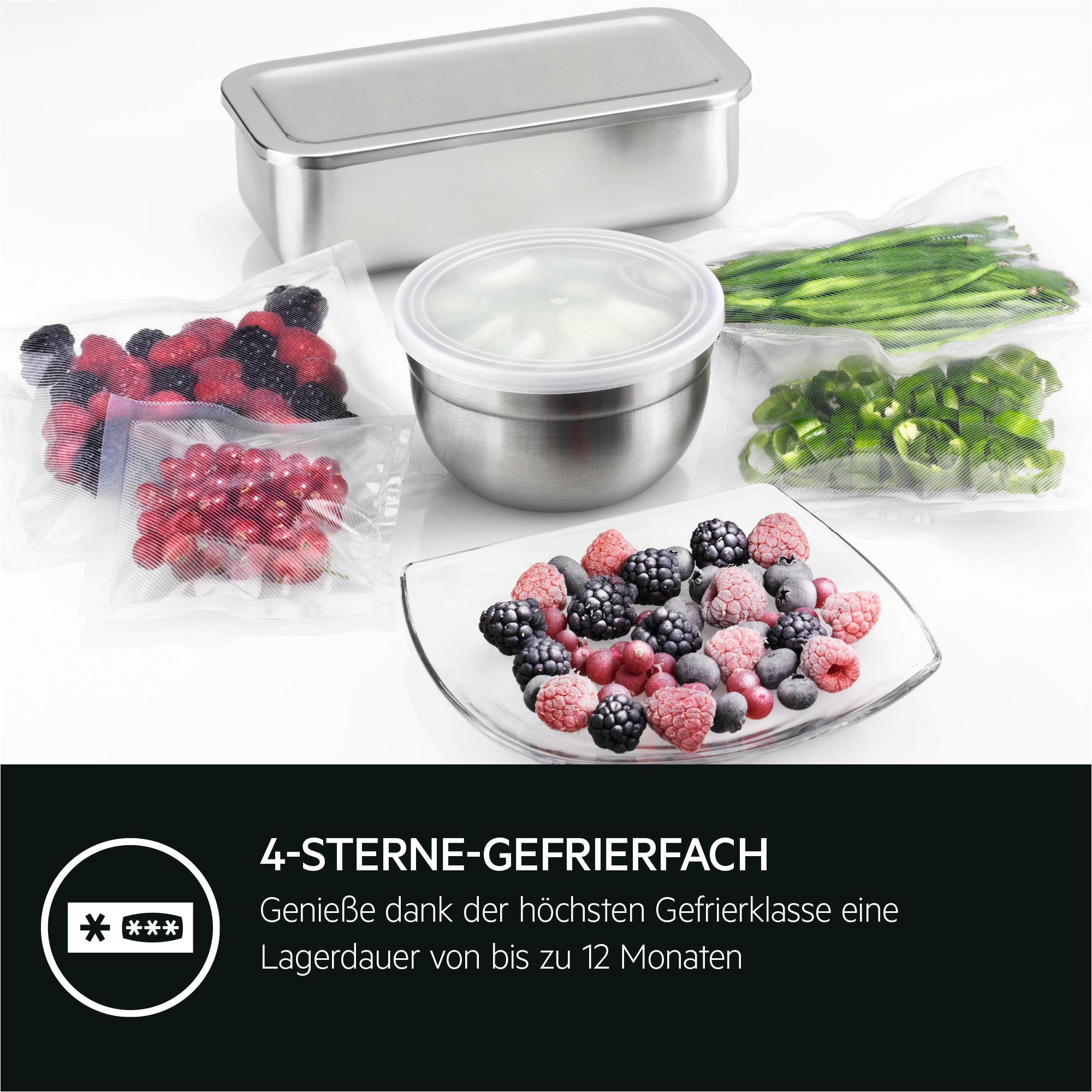 Verschiedene gefrorene Beeren in Behältern, mit Text über das Einfrieren.