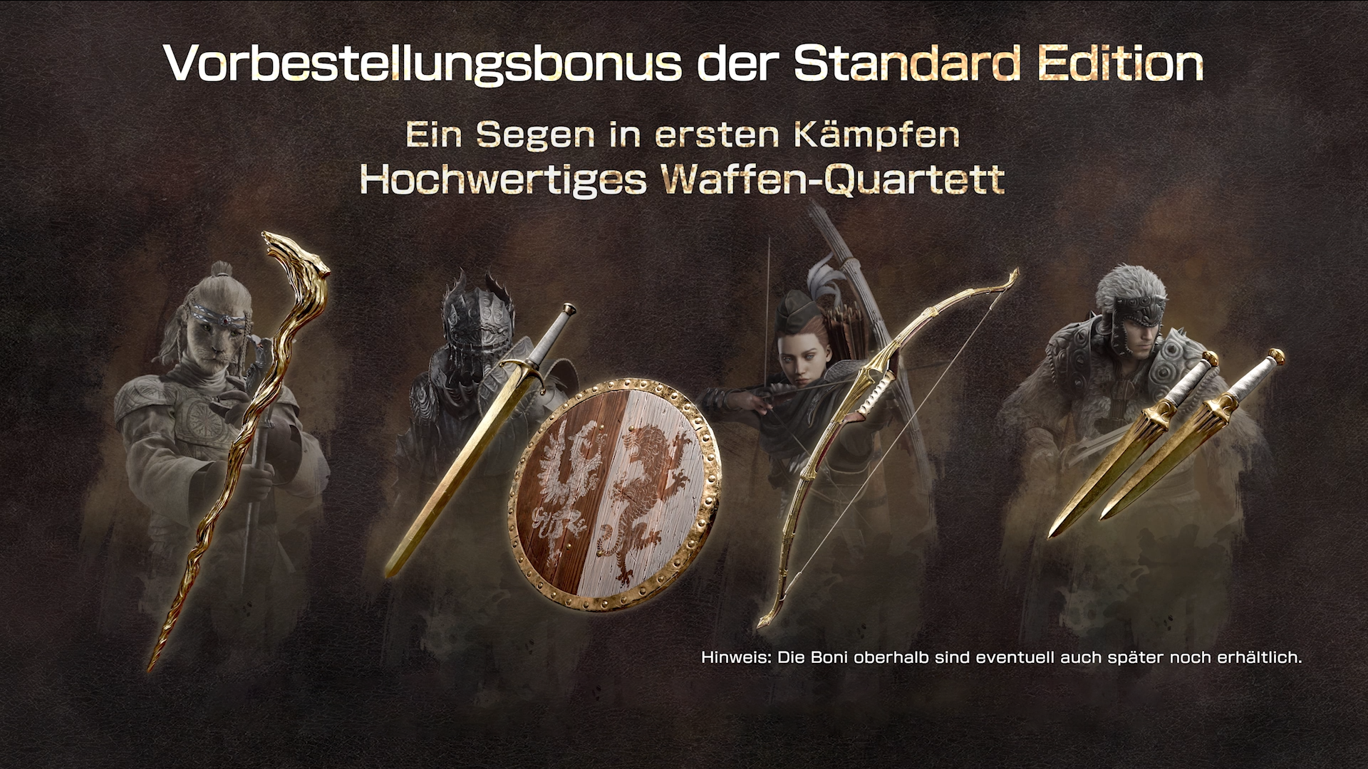 Eine Werbung mit Waffen und Charakteren, deutscher Text über einen Spiel-Vorbestellerbonus.