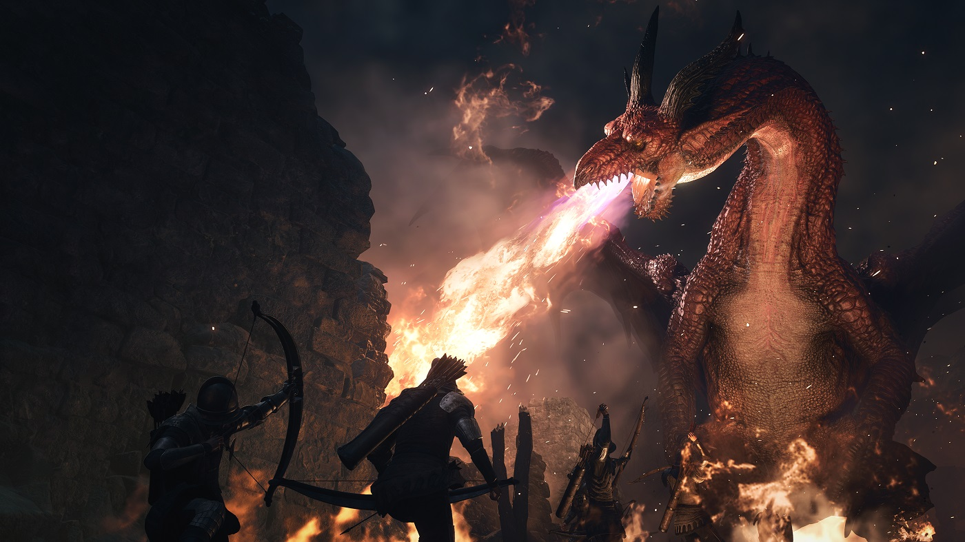 Ein Drache, der Feuer auf drei gepanzerte Figuren mit Bögen speit.