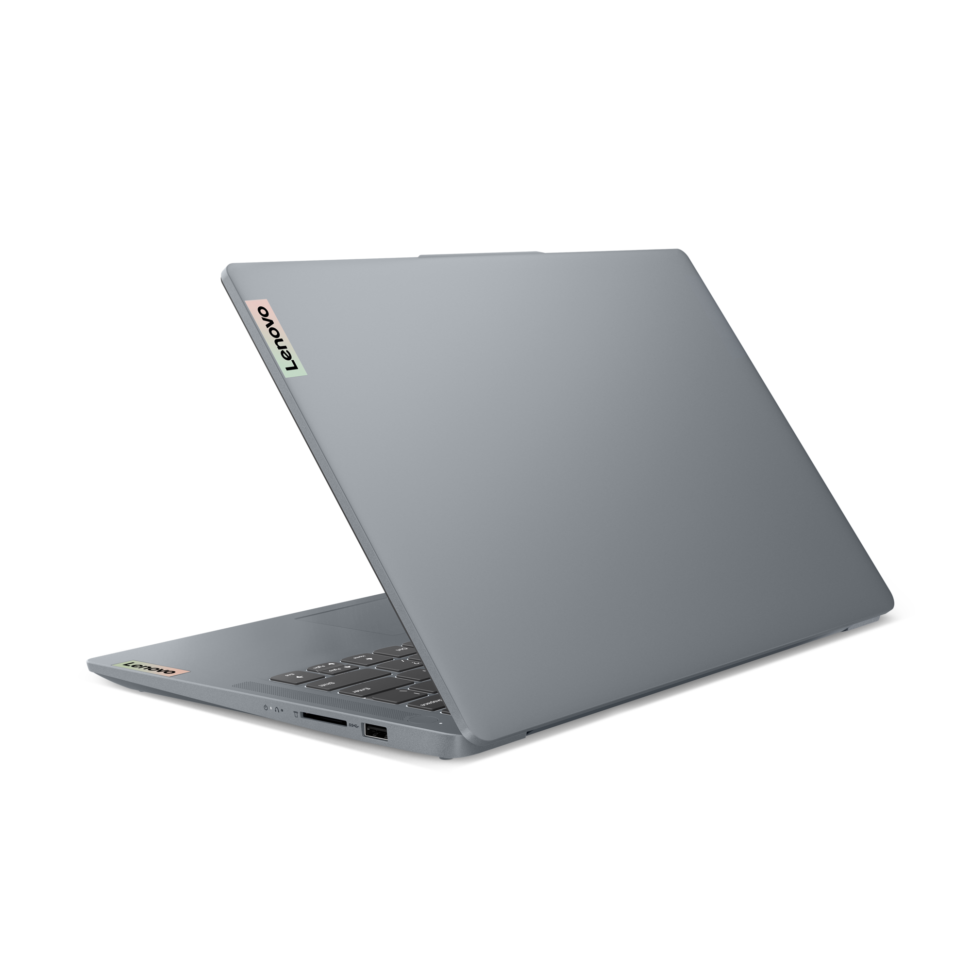 Portátil Lenovo gris. Pantalla abierta mostrando el escritorio.