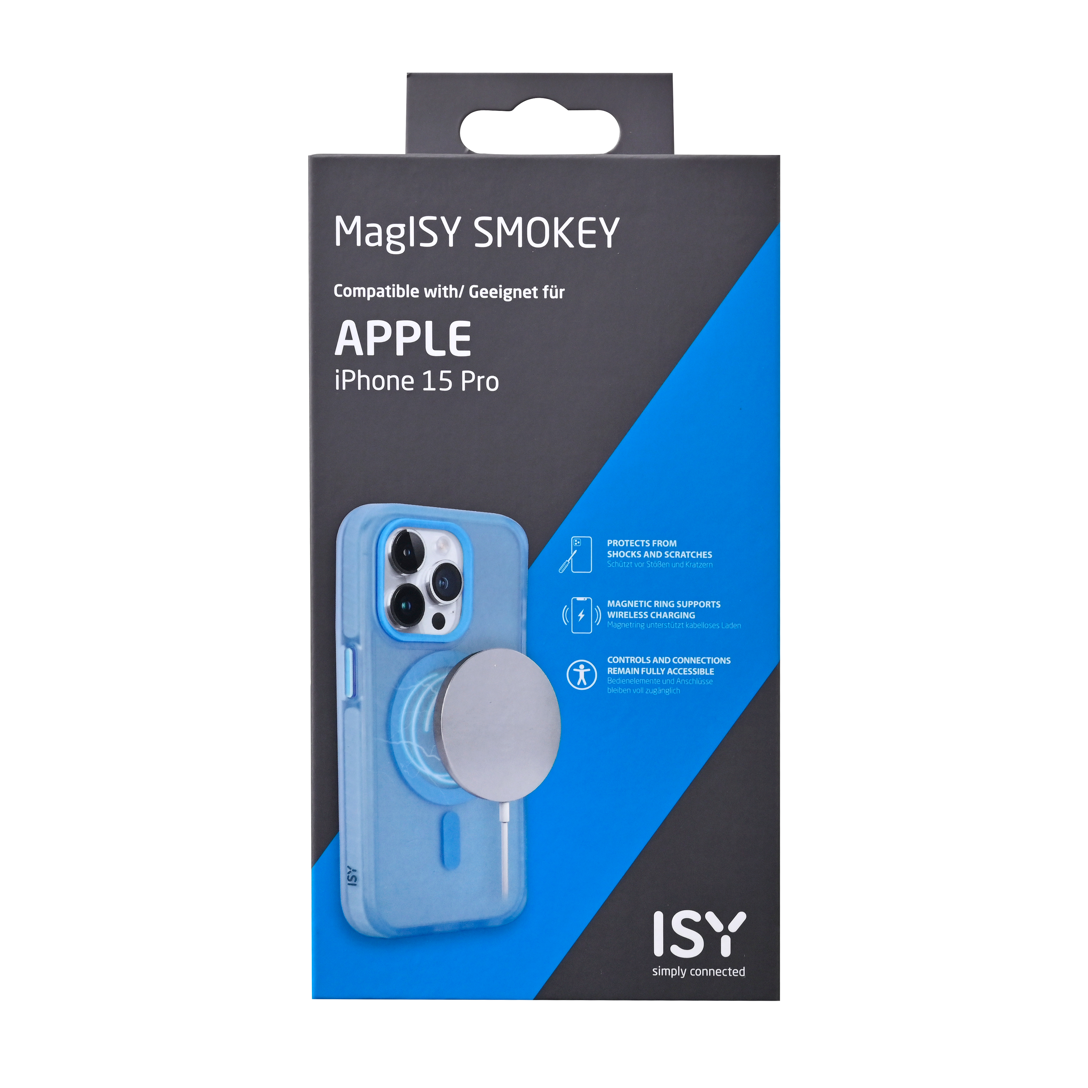 Verpackte Handyhülle für iPhone 15 Pro, mit blauem Case und Silberring.