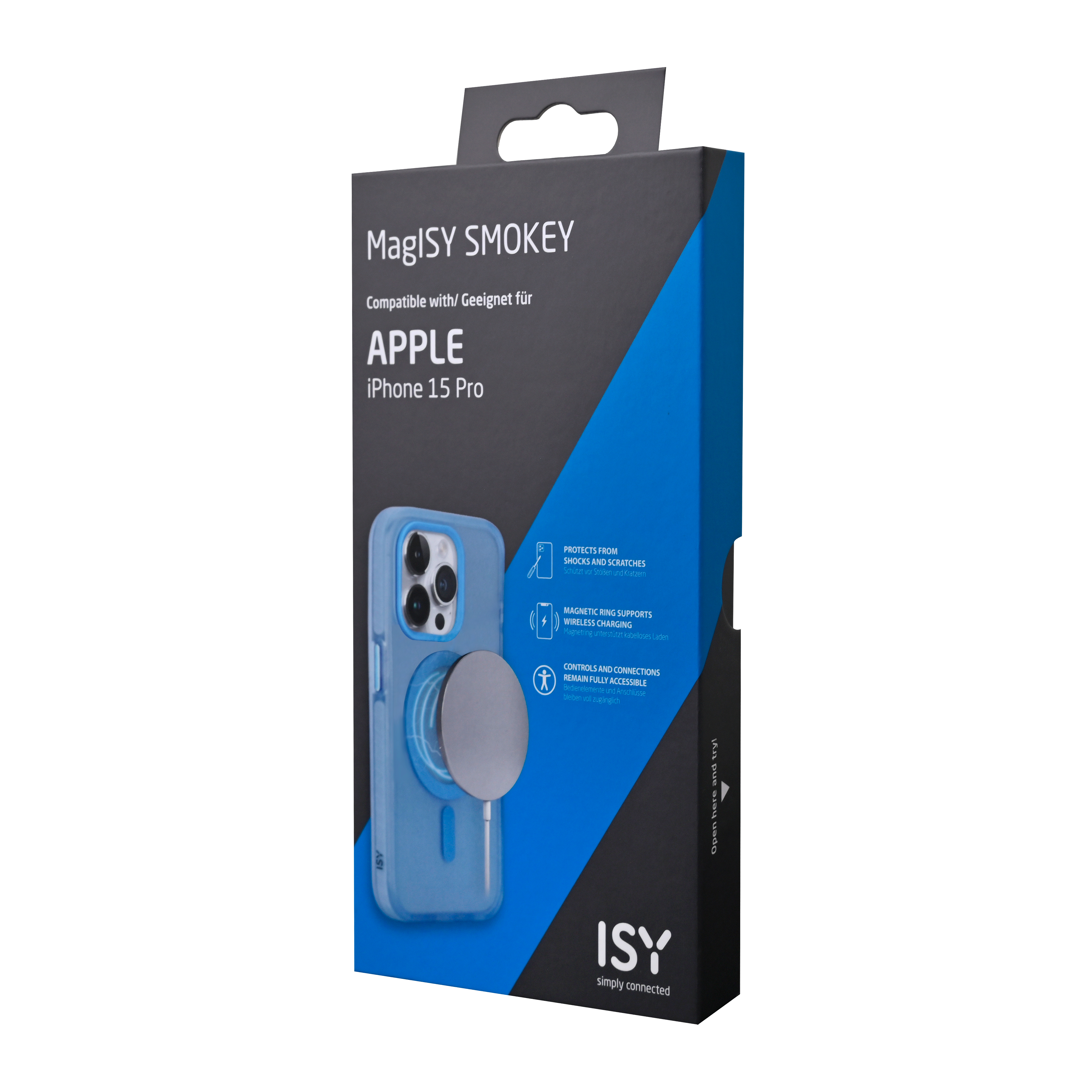 iPhone 15 Pro Hülle-Box. Blaue Hülle mit Magnetring wird gezeigt. Die Box hat Produktinfo und Logo.
