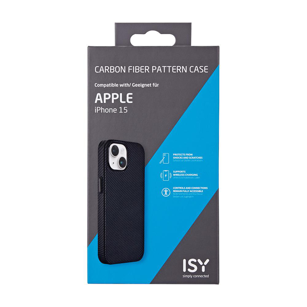 Schwarze iPhone 15 Hülle in einer Box. Die Hülle hat ein Karbonfasermuster. Box sagt iPhone 15.