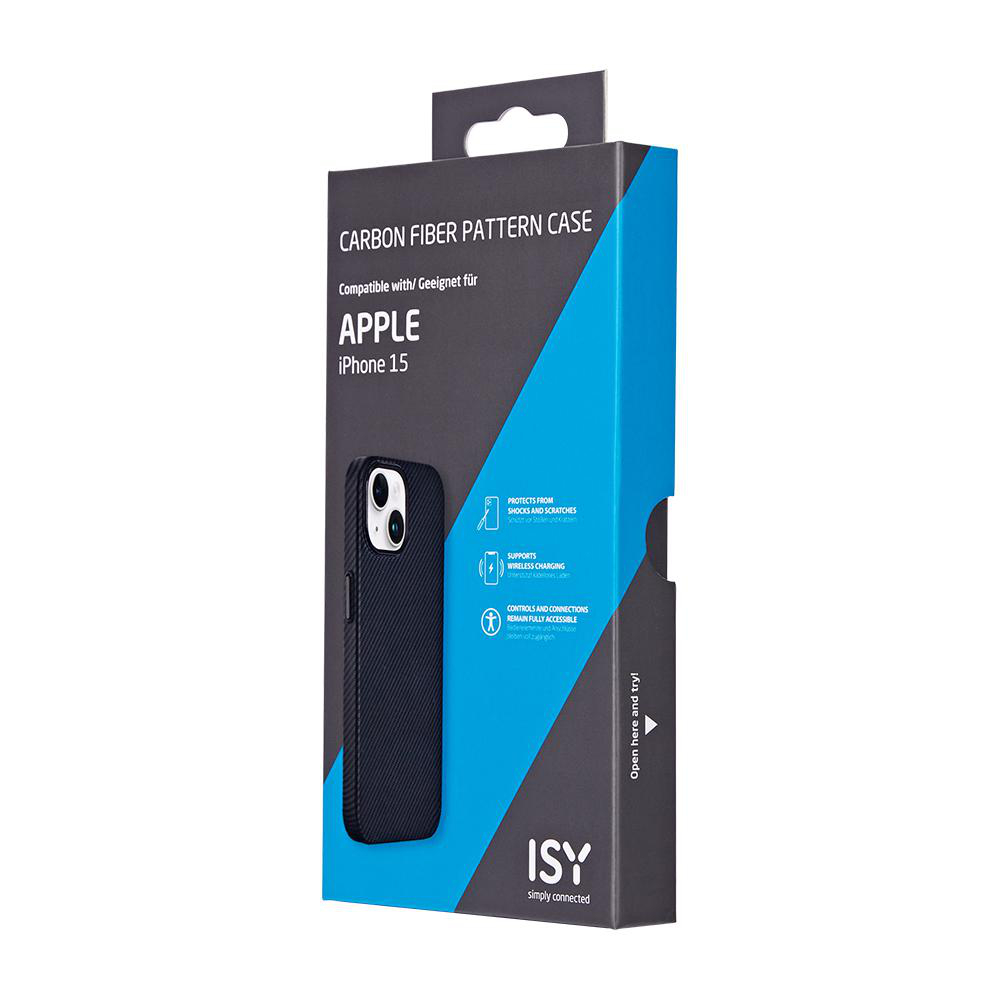 iPhone 15 Hülle in Verpackung, schwarz und Kohlefaser-Muster. Text: 'Simply connected'.