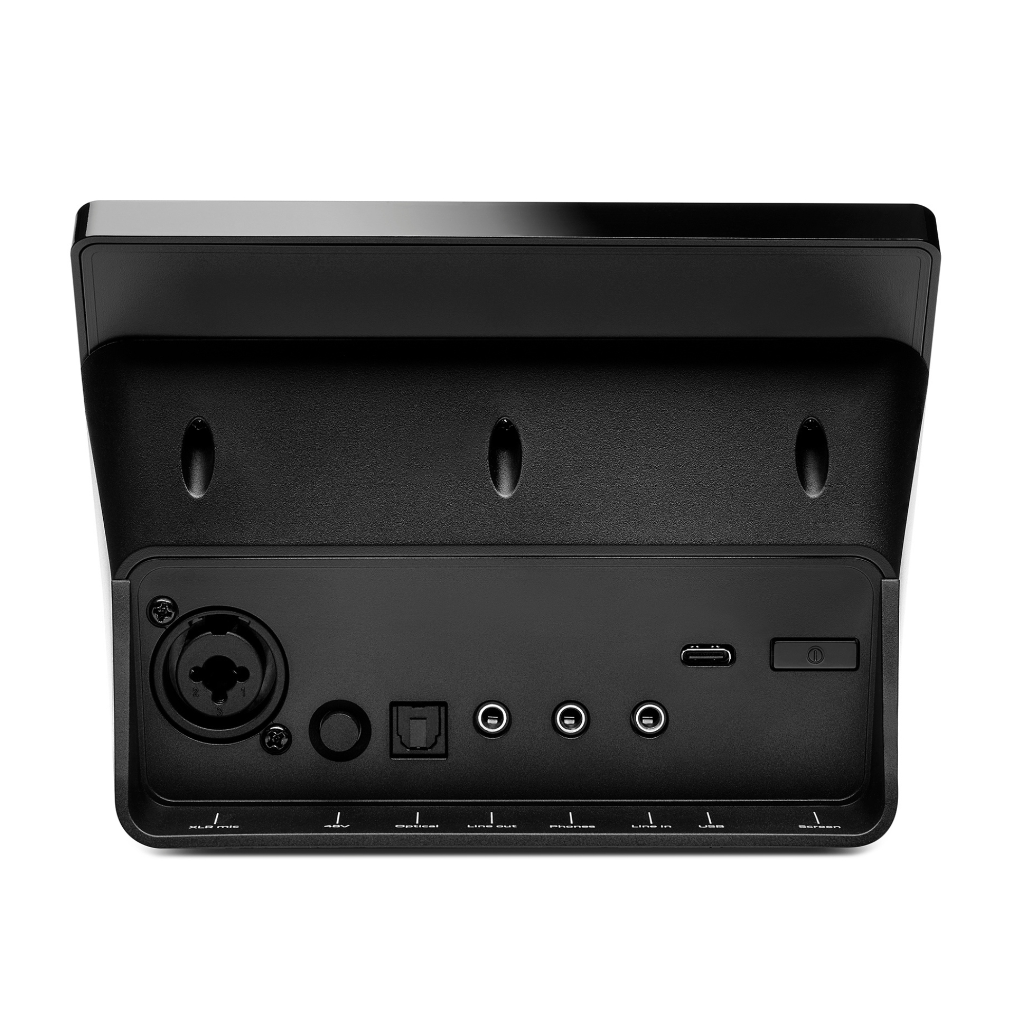 Schwarzes Audio-Interface-Gerät. Enthält Ein-/Ausgangsanschlüsse und Bedienelemente.