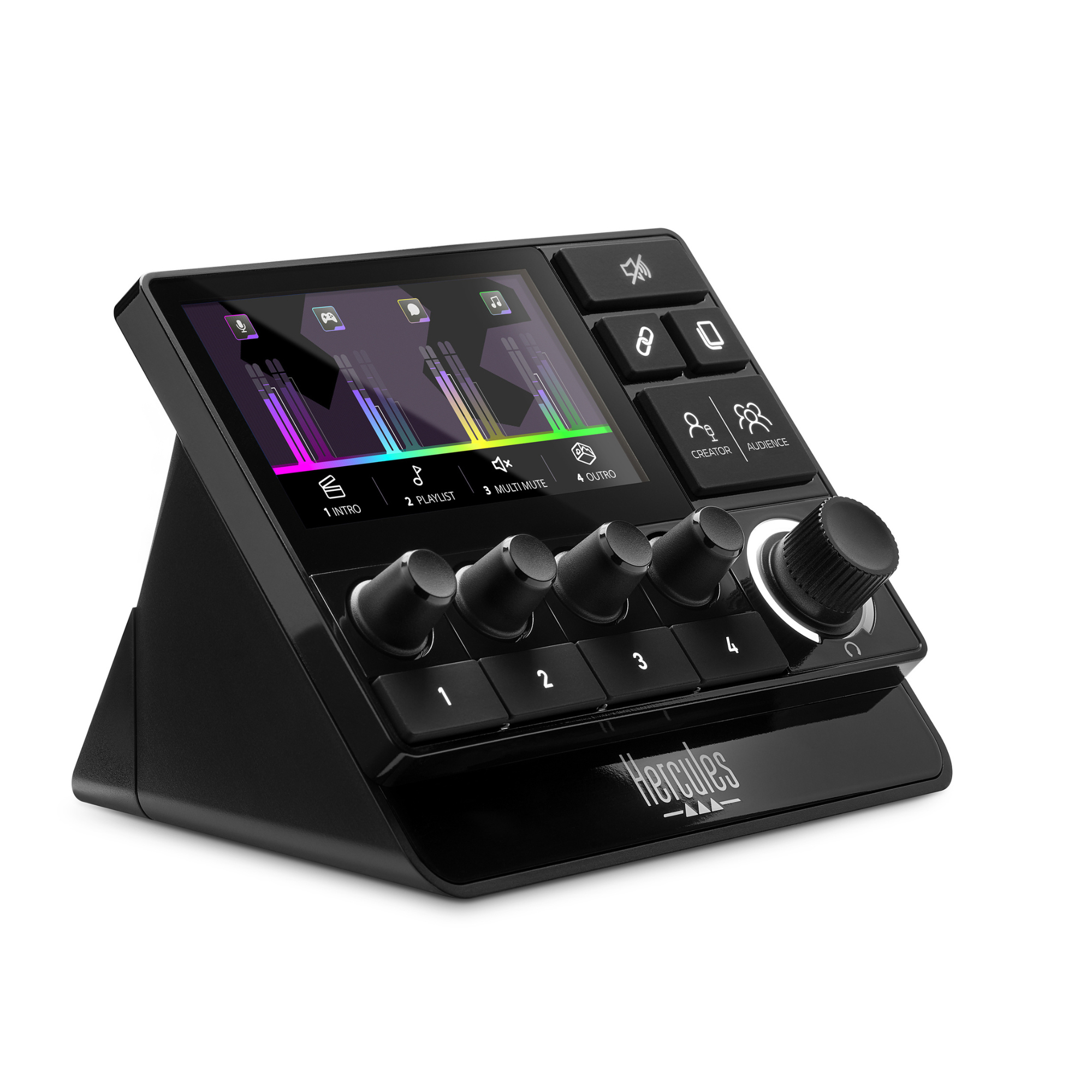 Schwarzer Audiomixer mit mehreren Knöpfen und einem Bildschirm. Hercules-Logo sichtbar.