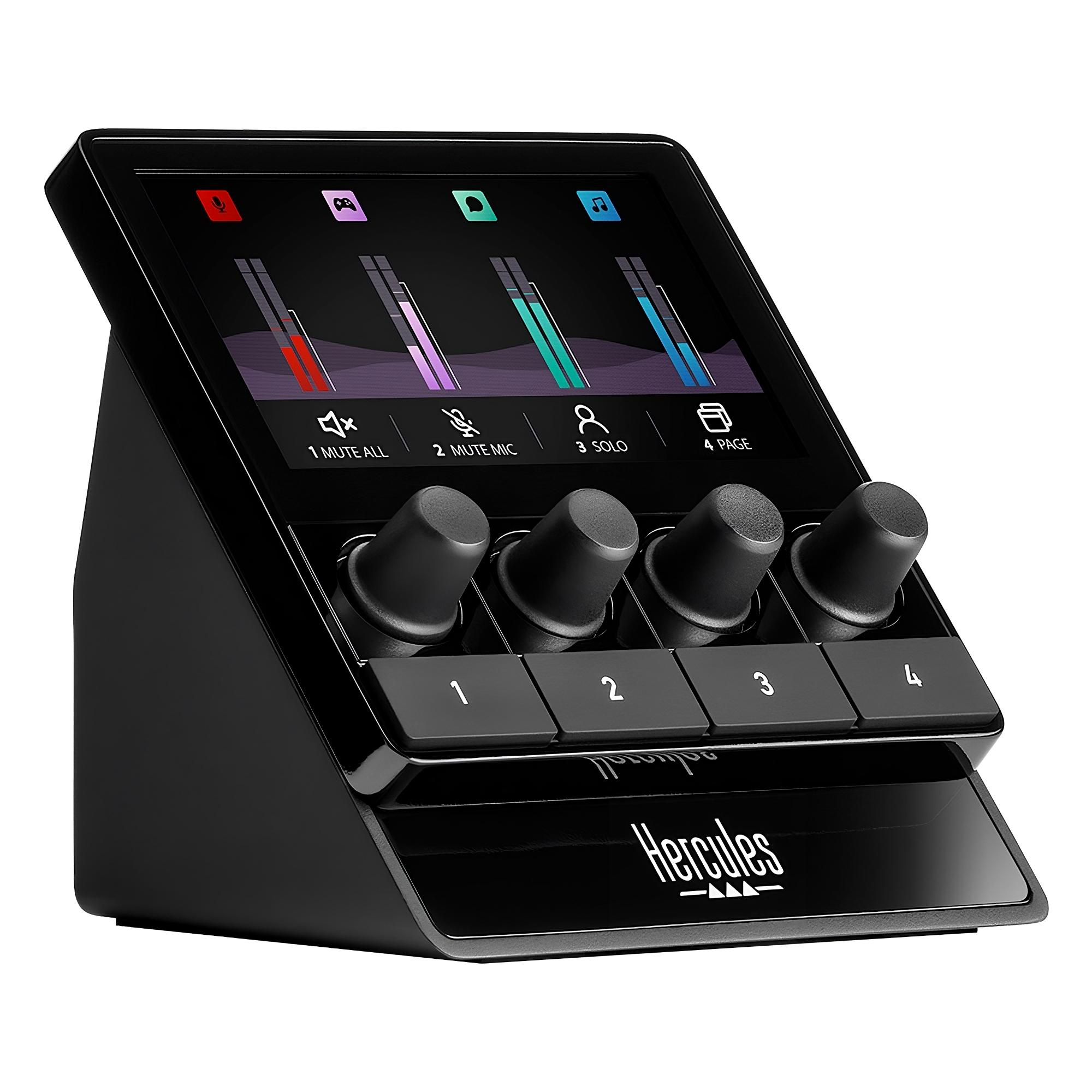Schwarzer Hercules DJ-Controller mit Knöpfen, Tasten und einem Bildschirm.