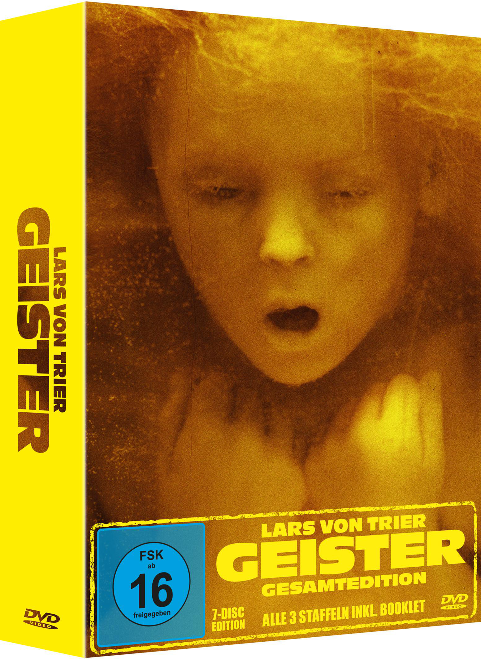 DVD-Box des Films 'Geister' mit gelbem Hintergrund und einem Gesicht auf der Vorderseite.