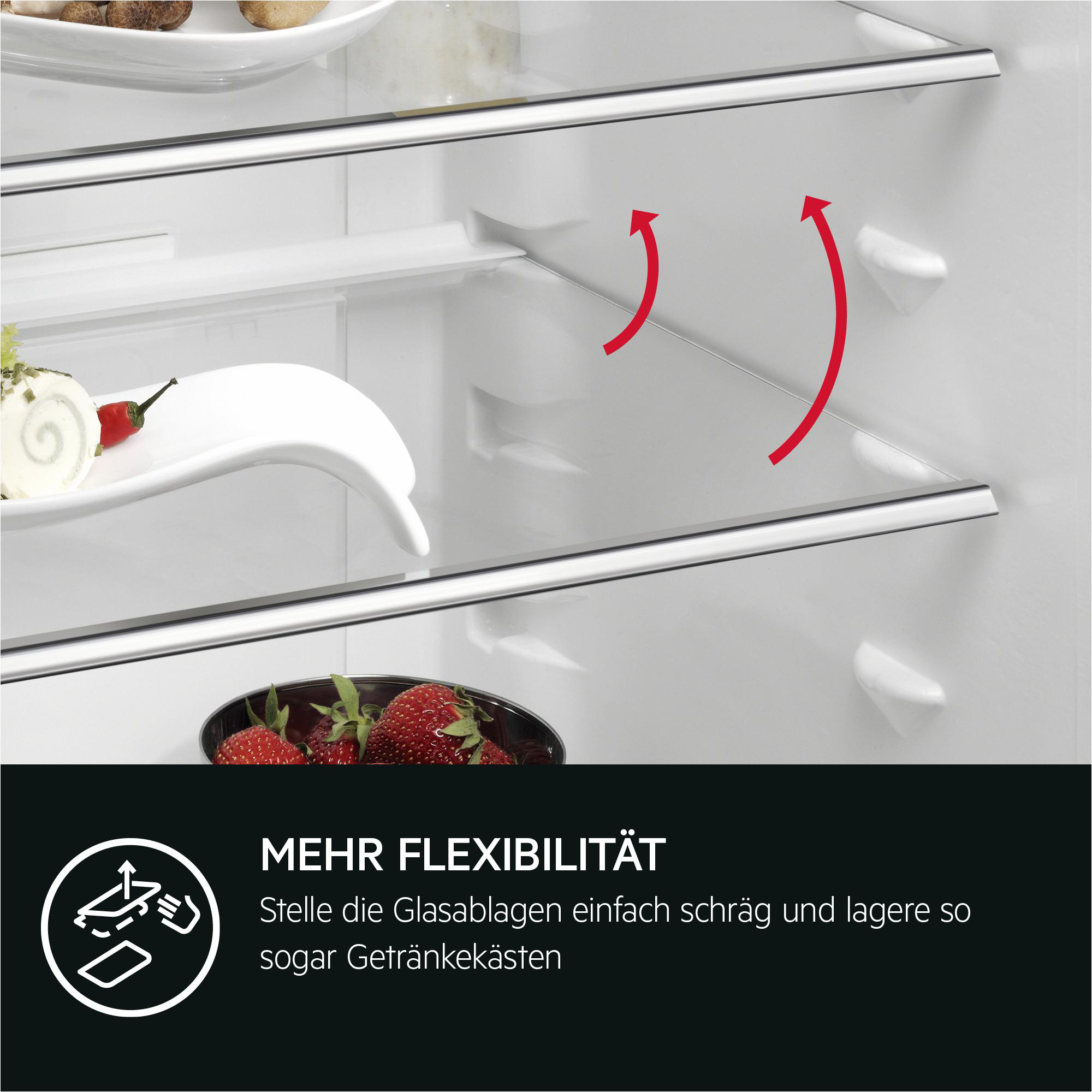 Im Kühlschrank, Regale mit Essen. Pfeile zeigen verstellbare Regalpositionen.