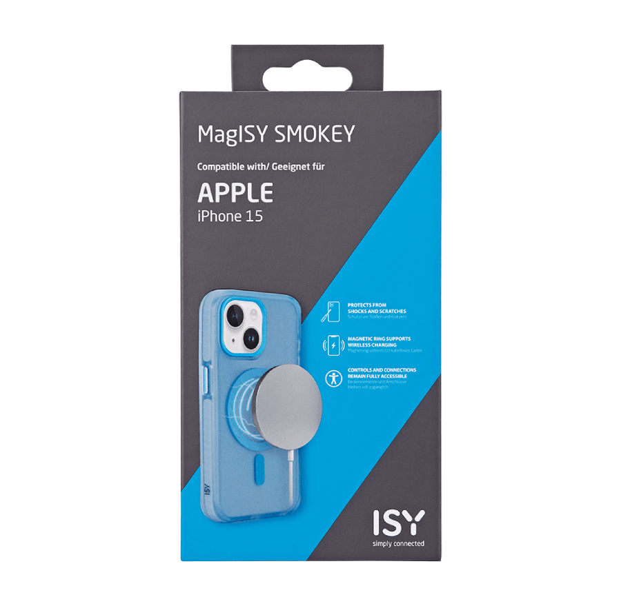 Funda MaglSY Smokey para iPhone 15 en una caja, mostrando el teléfono y la funda.