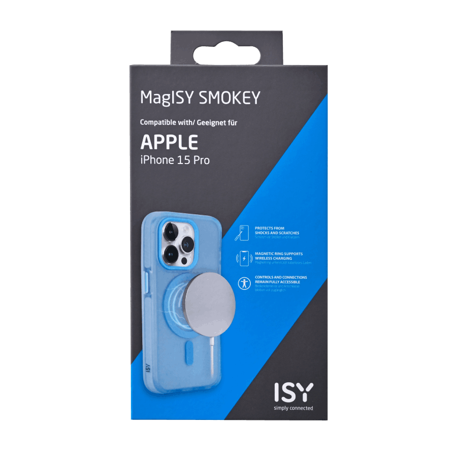 Funda MaglSY SMOKEY iPhone 15 Pro en un paquete azul, mostrando la funda y sus características.