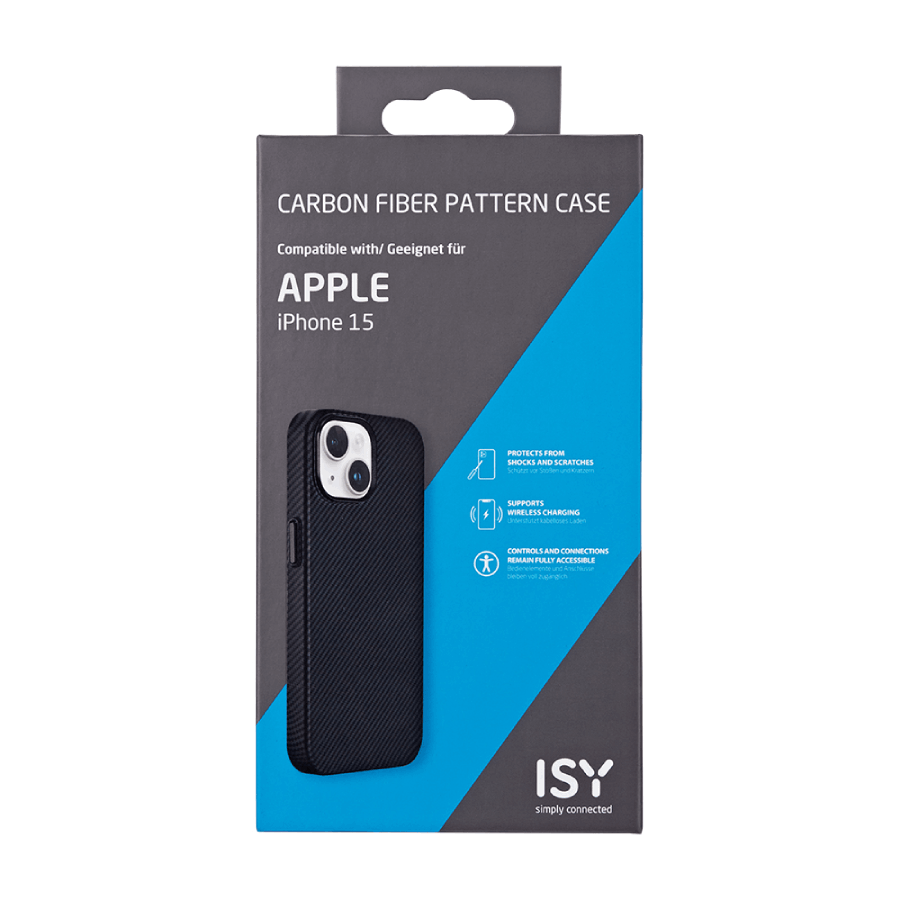 Una funda negra para iPhone 15 en una caja. La caja muestra la funda y características como la carga inalámbrica.