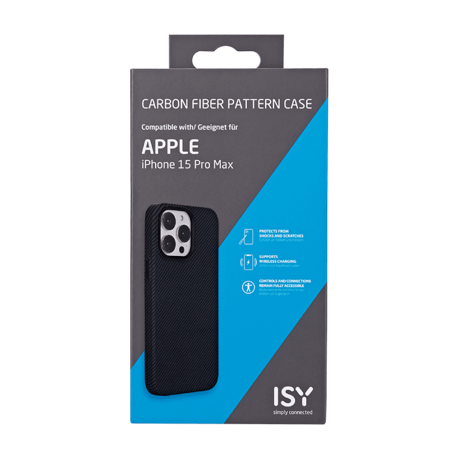 Funda para iPhone 15 Pro Max en caja. Negra con patrón de fibra de carbono, sobre fondo azul.