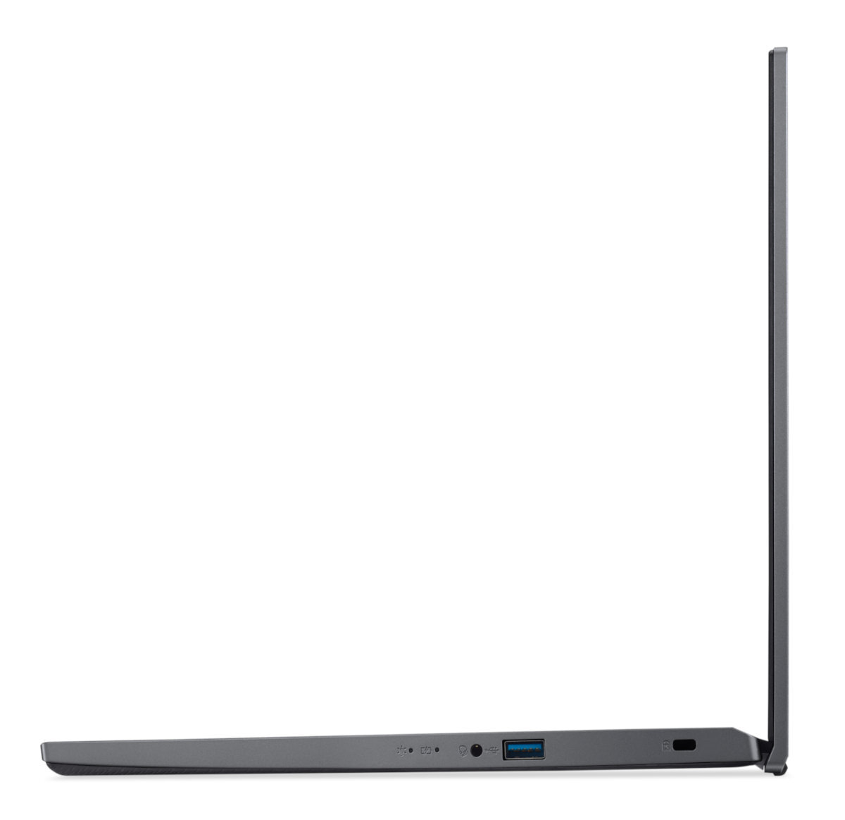 Widok z boku szarego laptopa, pokazujący porty i smukły profil.