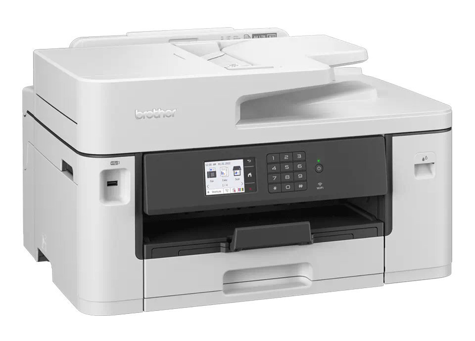 Biała drukarka Brother z ekranem dotykowym i podajnikiem dokumentów.