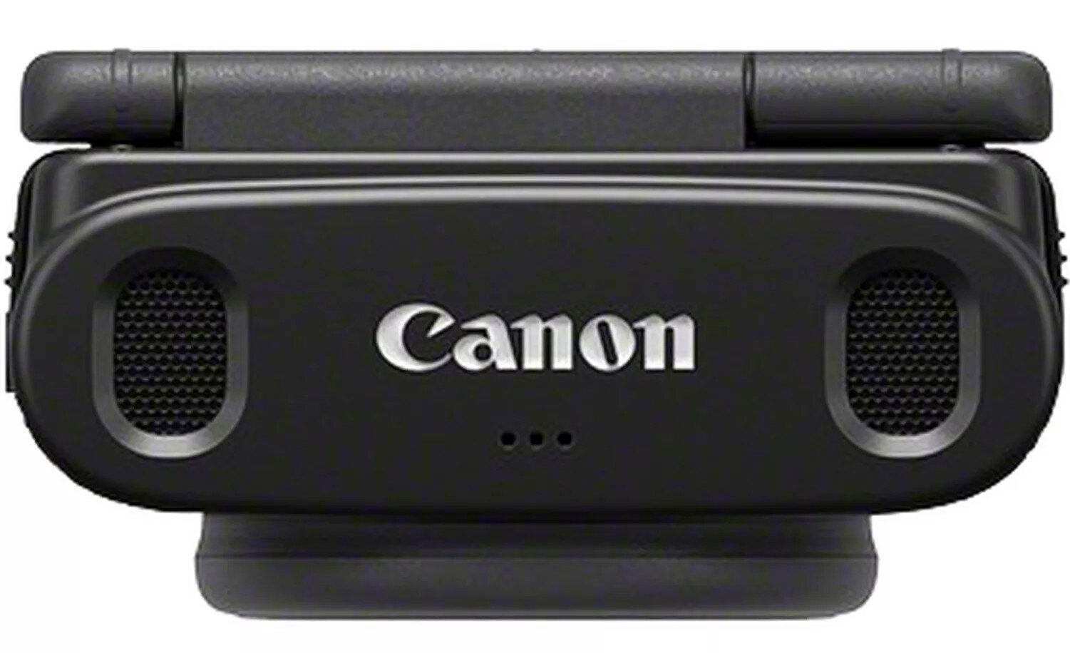 Czarny mikrofon Canon. Zaokrąglony kształt z logo Canon i trzema kropkami.