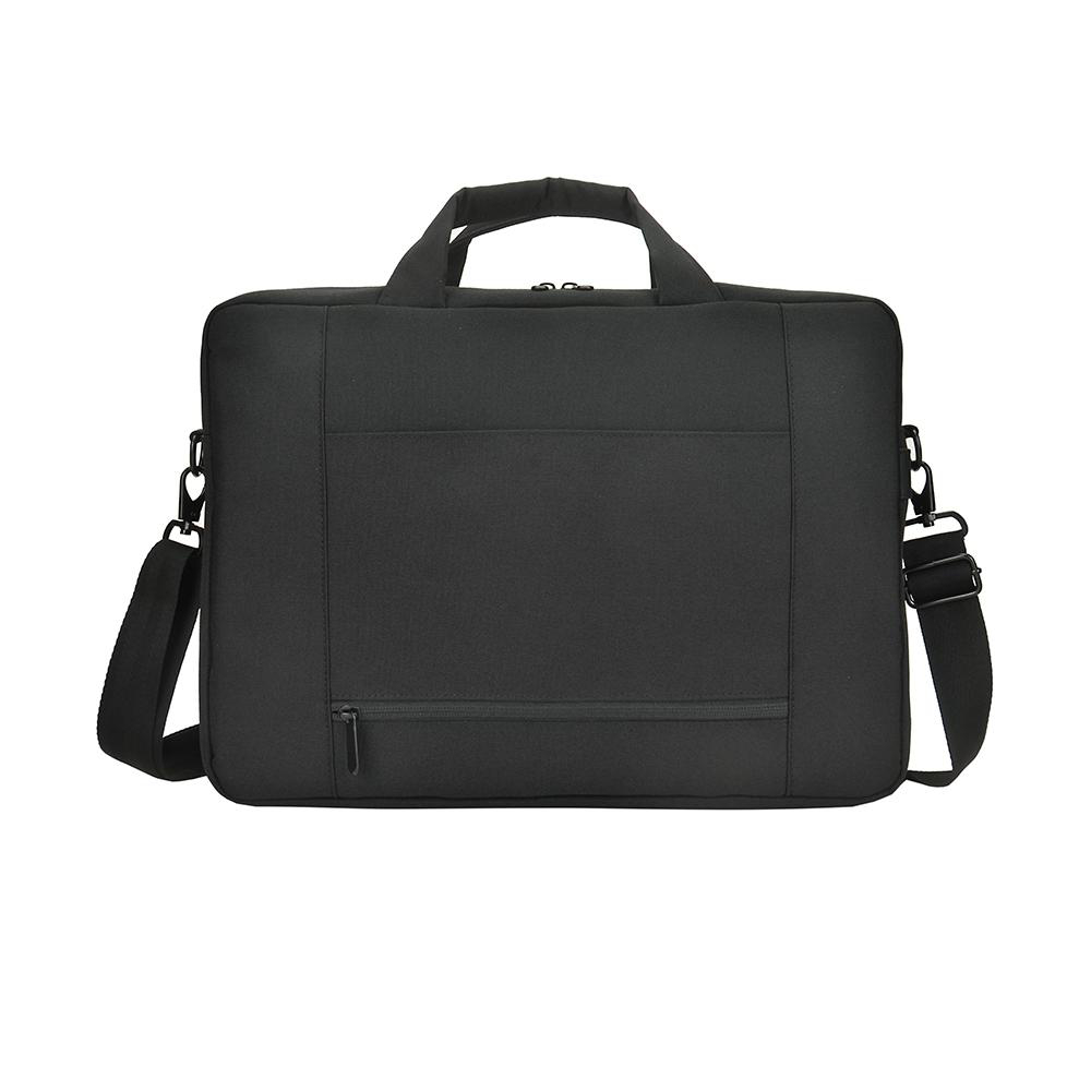Schwarze Laptoptasche mit Schultergurt und Griff. Reißverschlusstasche vorne.