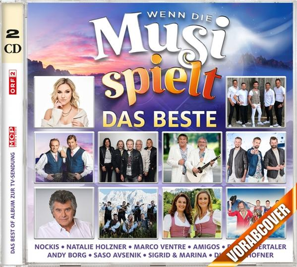 CD-Cover: 'Wenn die Musi spielt' mit mehreren Musikern und einem Bergsonnenuntergang.