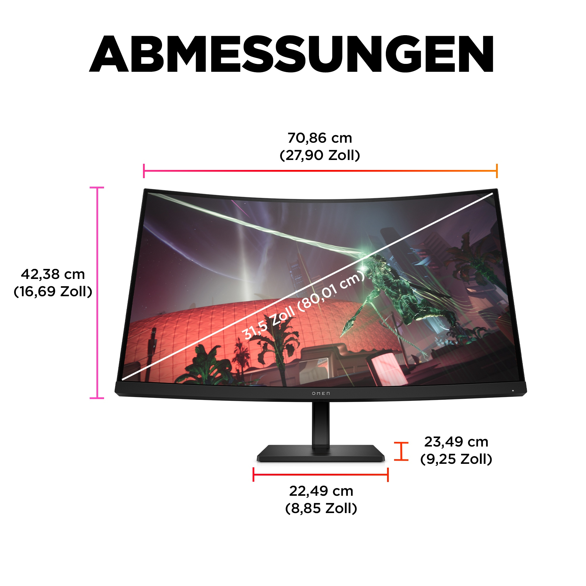 Monitormaße werden angezeigt. Der Monitor ist gewölbt und schwarz, mit einer Spielgrafik auf dem Bildschirm.