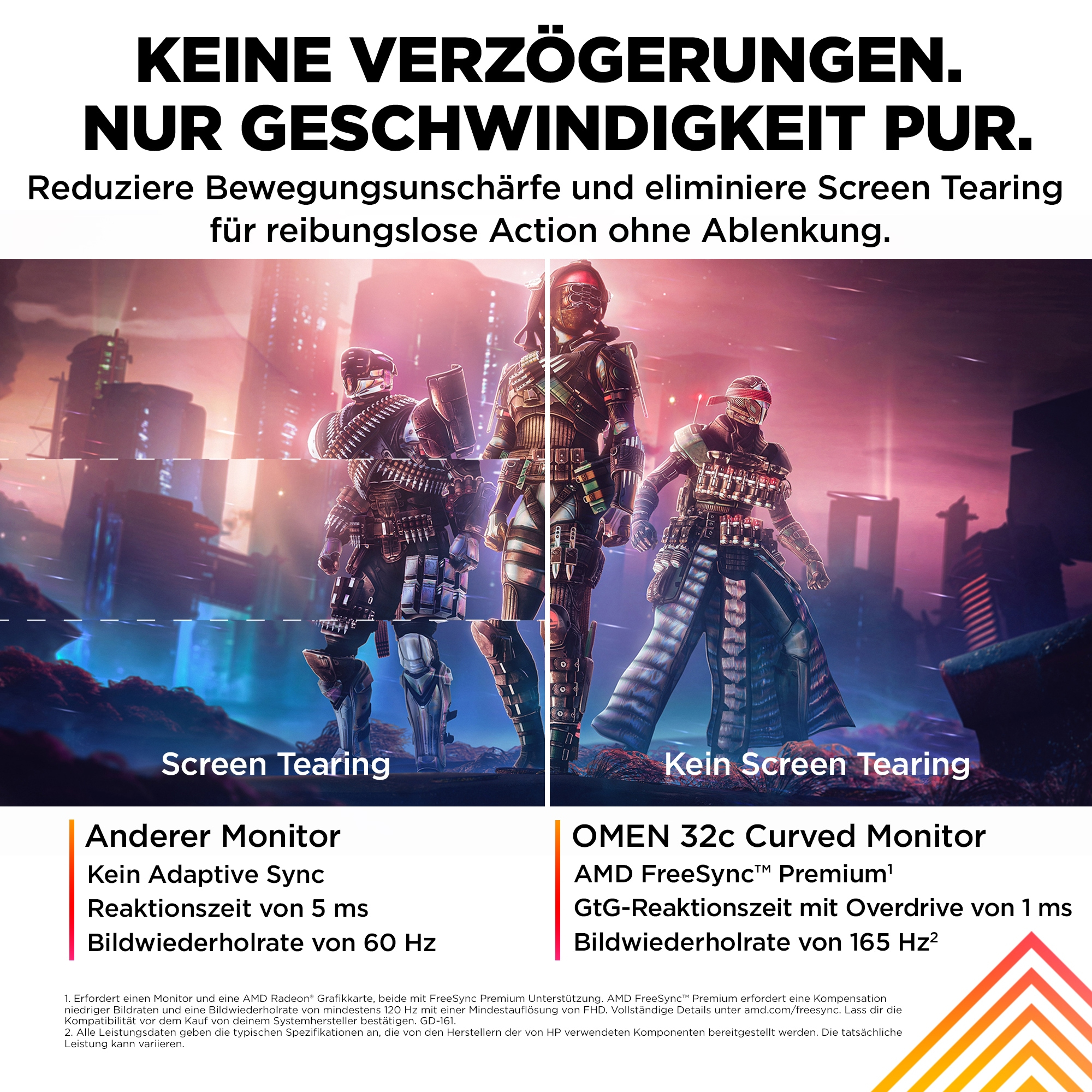 Bildvergleich von Screen Tearing. Text: Kein Screen Tearing mit dem OMEN 32c Curved Monitor.