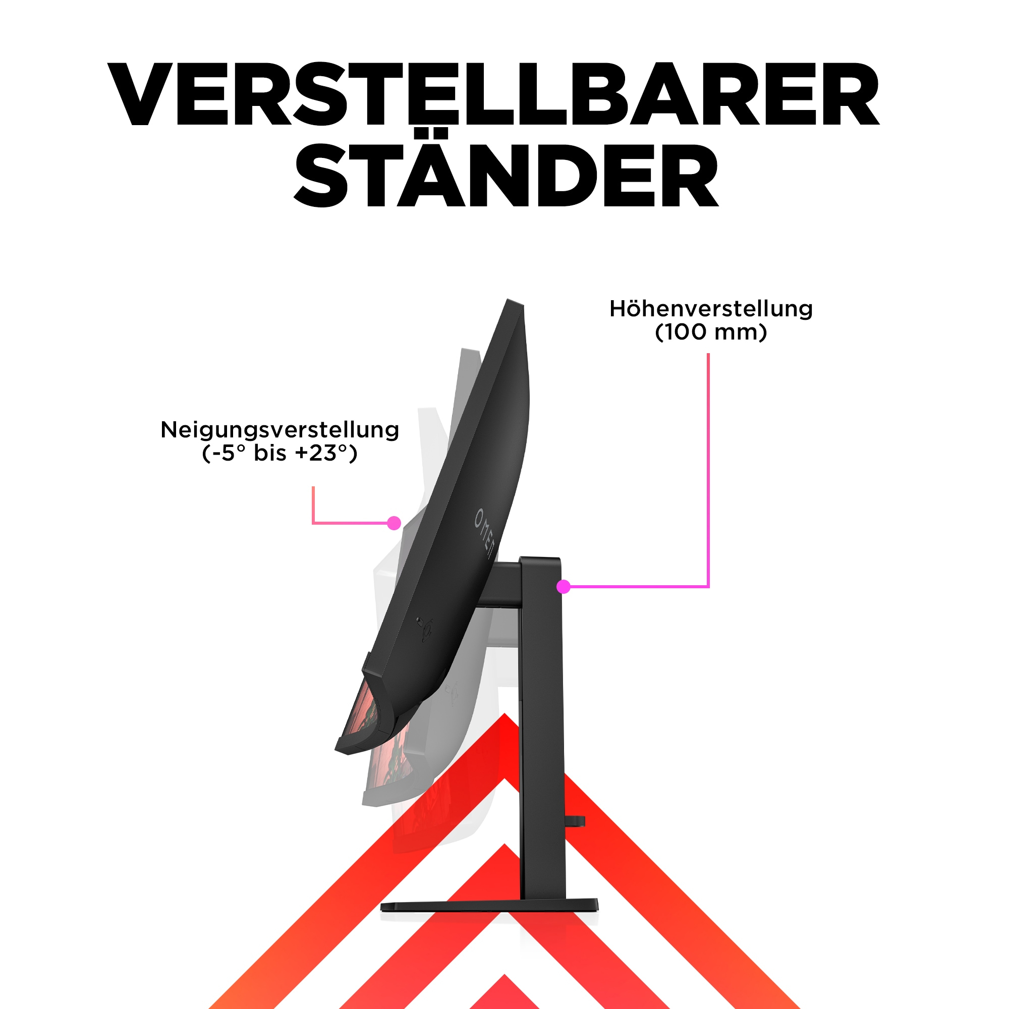 Monitorständer-Einstellungsdiagramm. Zeigt Neigungs- und Höhenverstellung. Rote Pfeile und Linien.