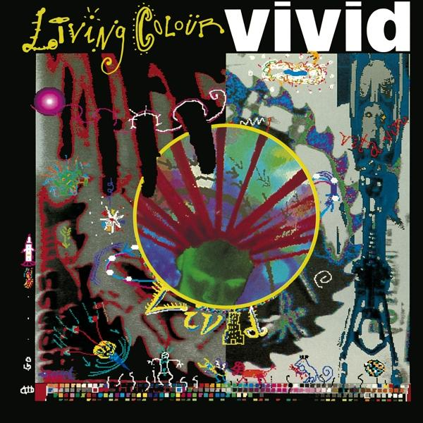 A Living Colour 'Vivid' albumának borítója. Színes és absztrakt, egy központi arc képpel.