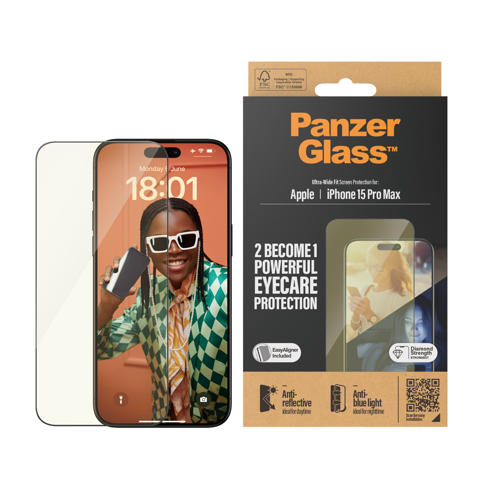 Emballage de protection d'écran de téléphone. Un téléphone avec un protecteur d'écran et un emballage à côté.