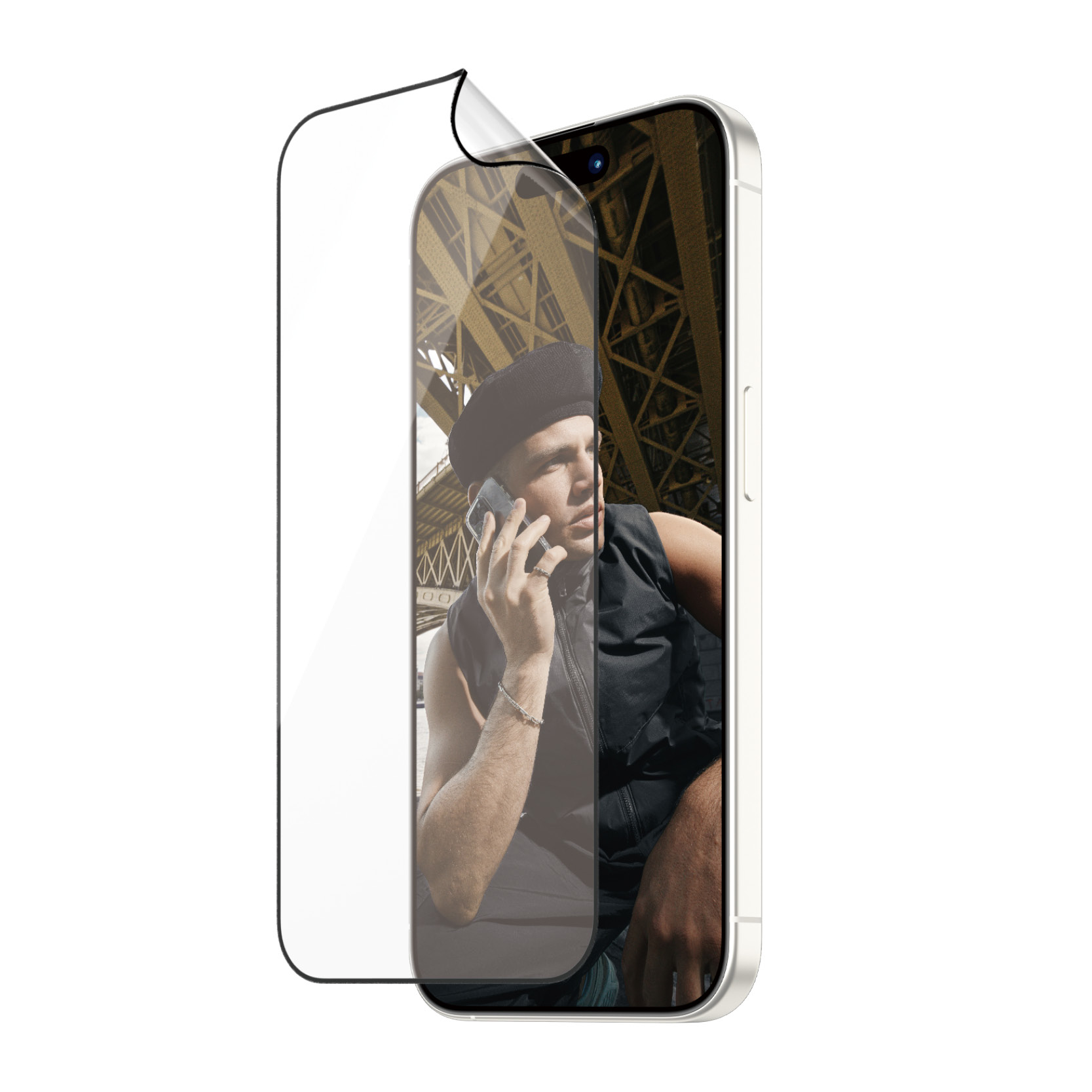 Telefoon met schermbeschermer die wordt aangebracht, man die belt.