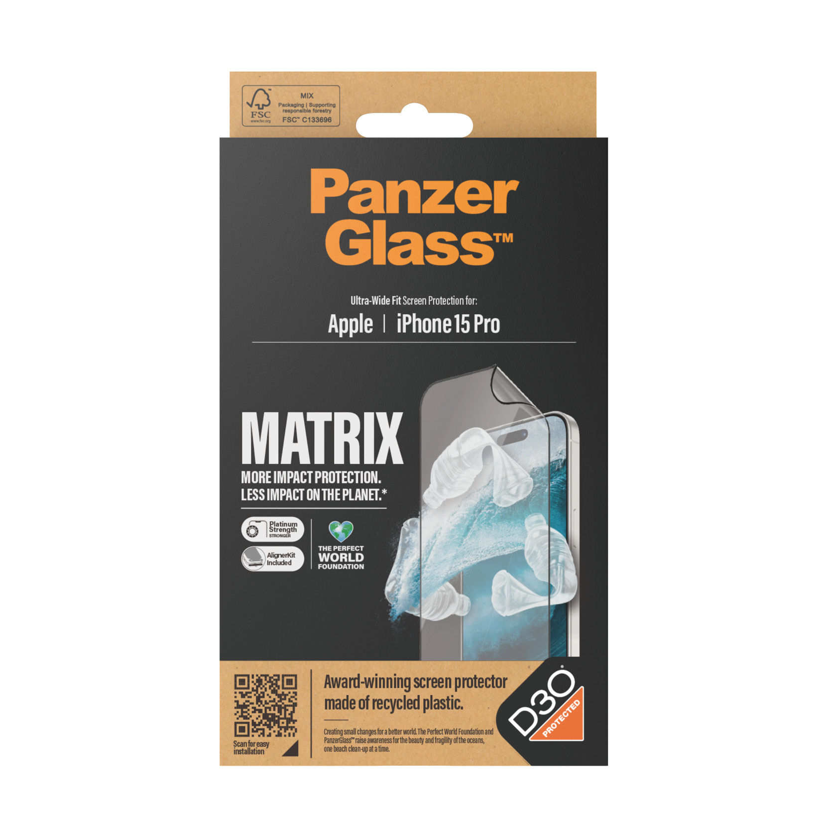 Doos PanzerGlass-schermbeschermer voor iPhone 15 Pro.