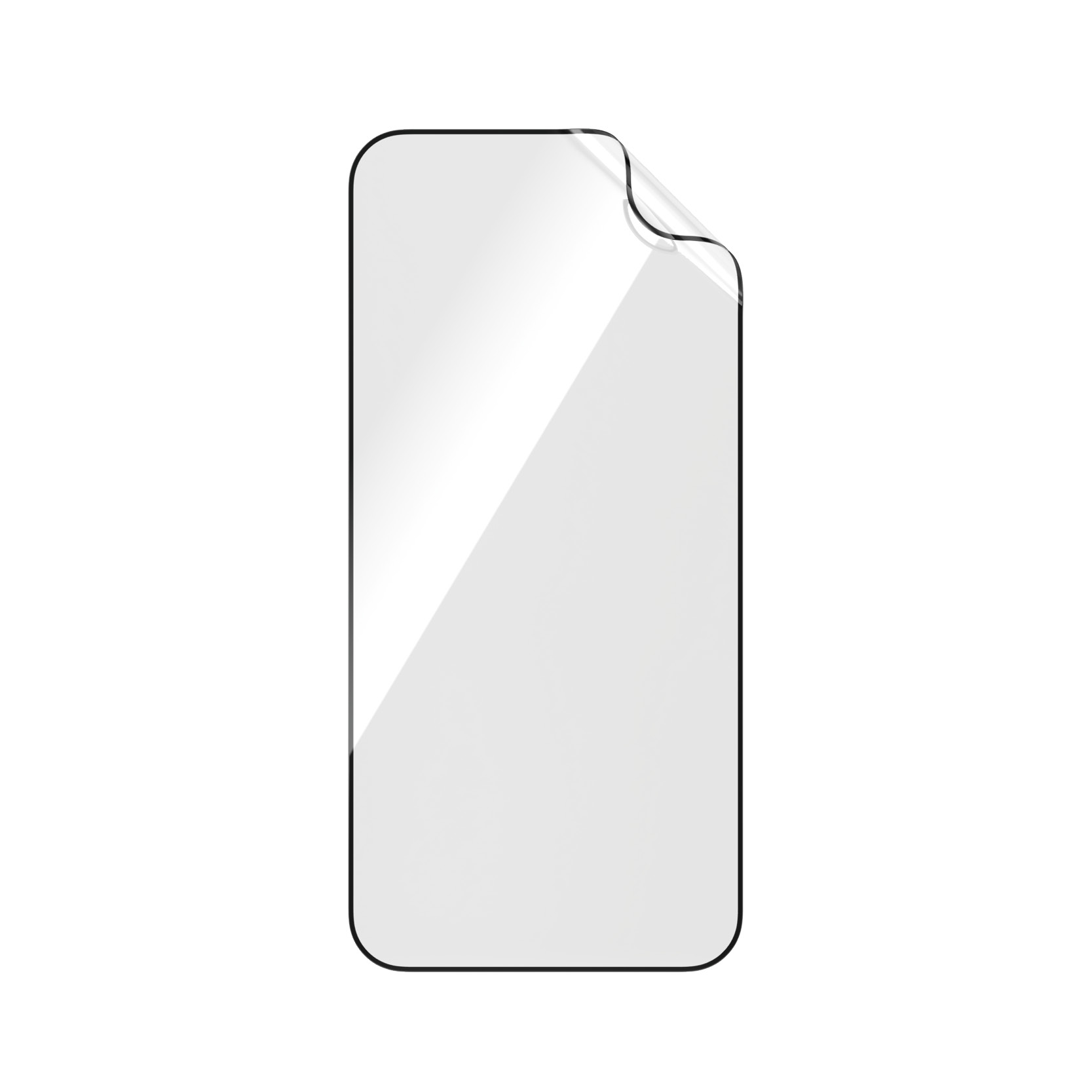 Protecteur d'écran transparent avec coin incurvé à décoller sur fond blanc.