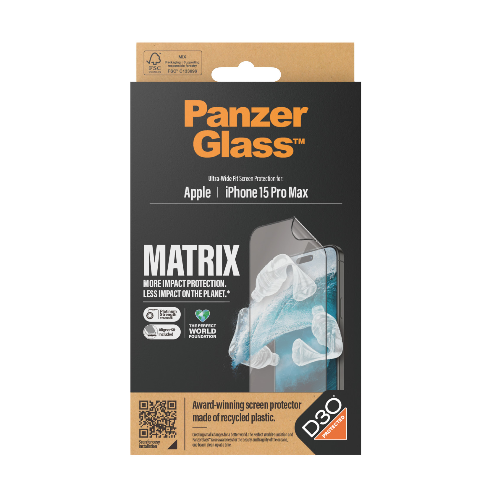 Un emballage de protection d'écran de téléphone. Le texte indique 'PanzerGlass', 'Ultra-Wide Fit' et 'iPhone 15 Pro Max'.