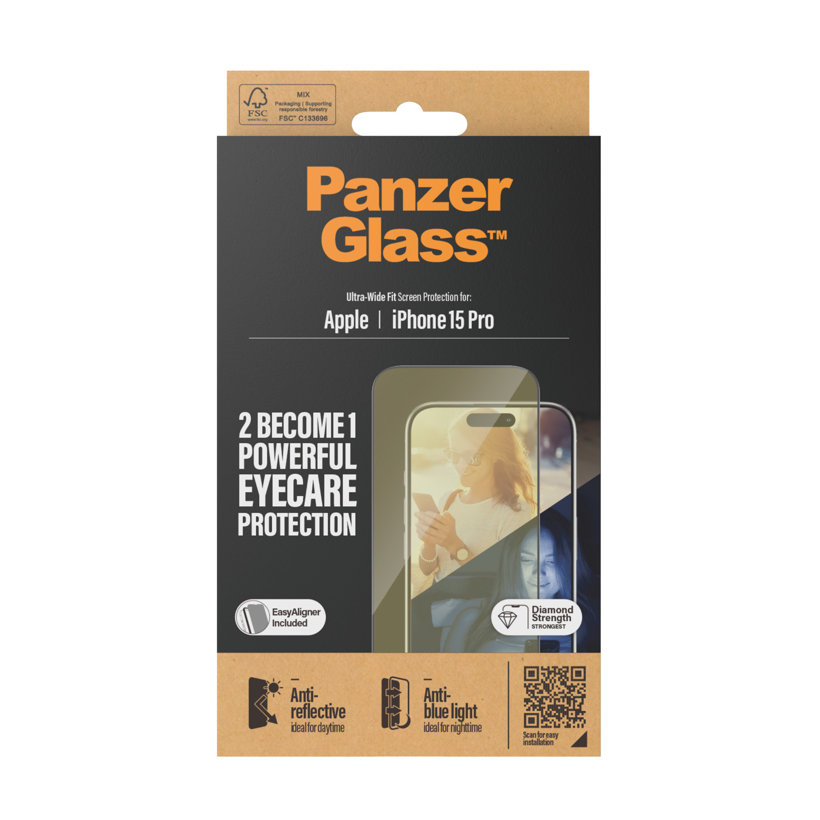 Een verpakking PanzerGlass schermbescherming voor een iPhone 15 Pro.