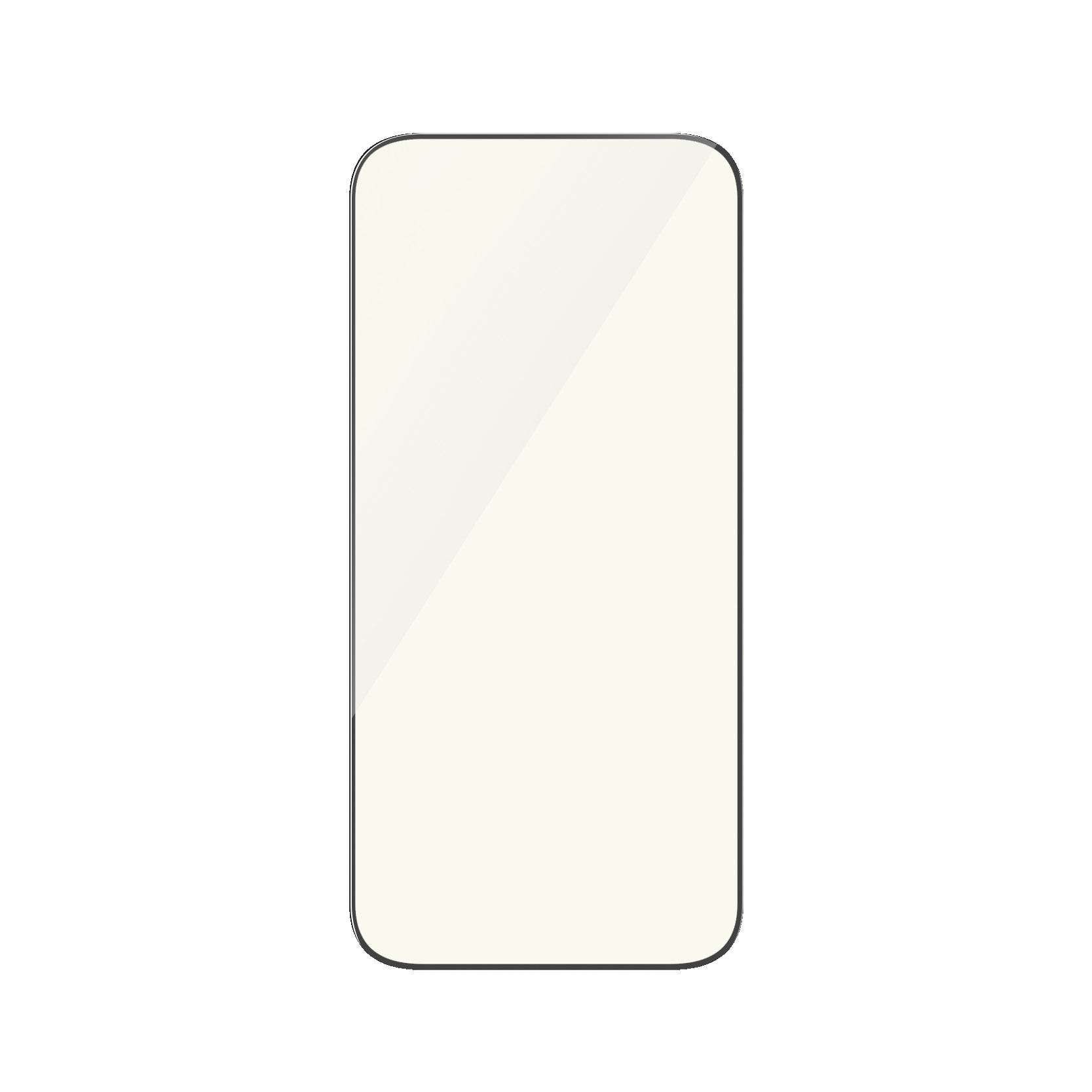 Een transparante schermbeschermer met een zwarte rand, tegen een witte achtergrond, voor een telefoon.