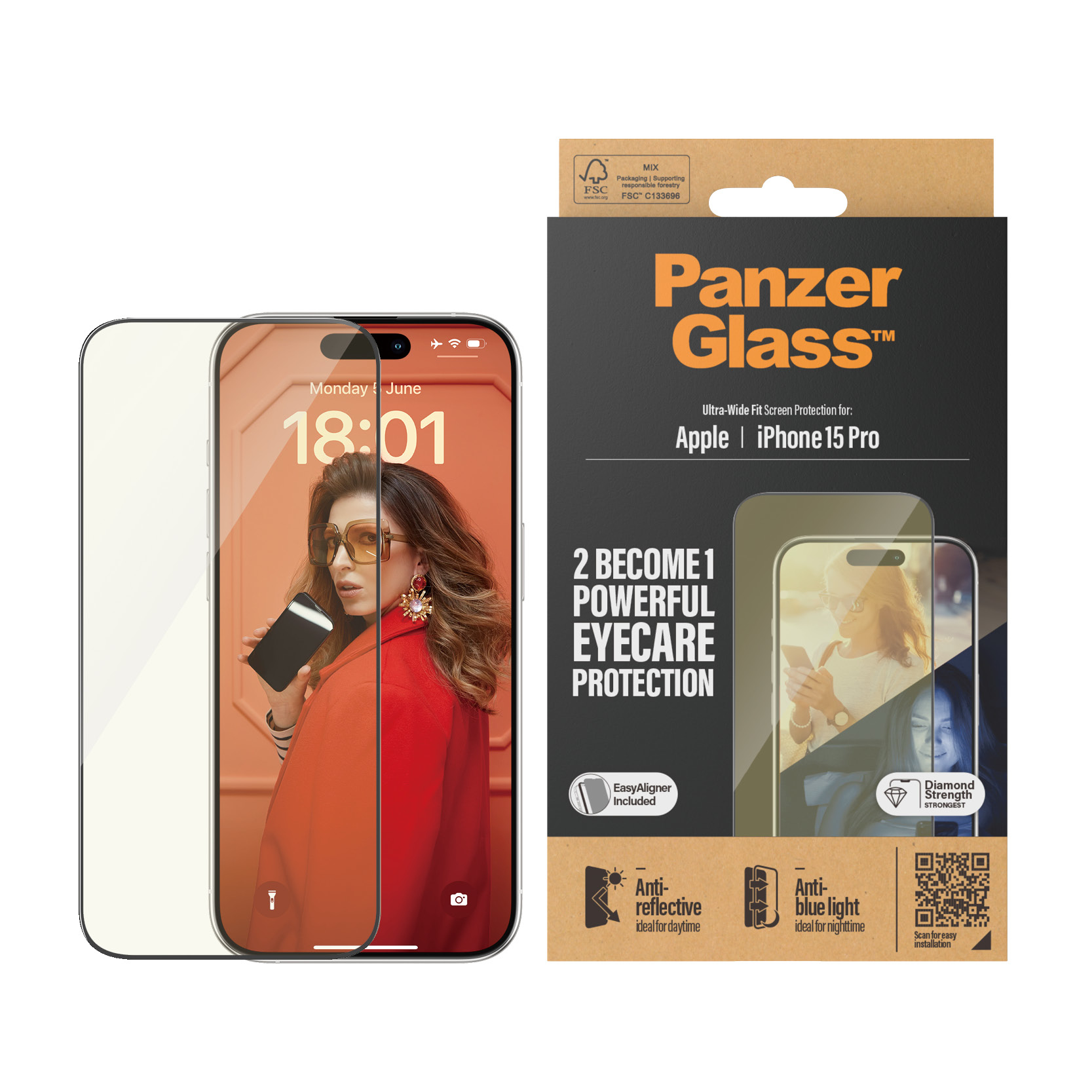 Telefoon en PanzerGlass verpakking: Schermbeschermer op telefoon, verpakking met branding.