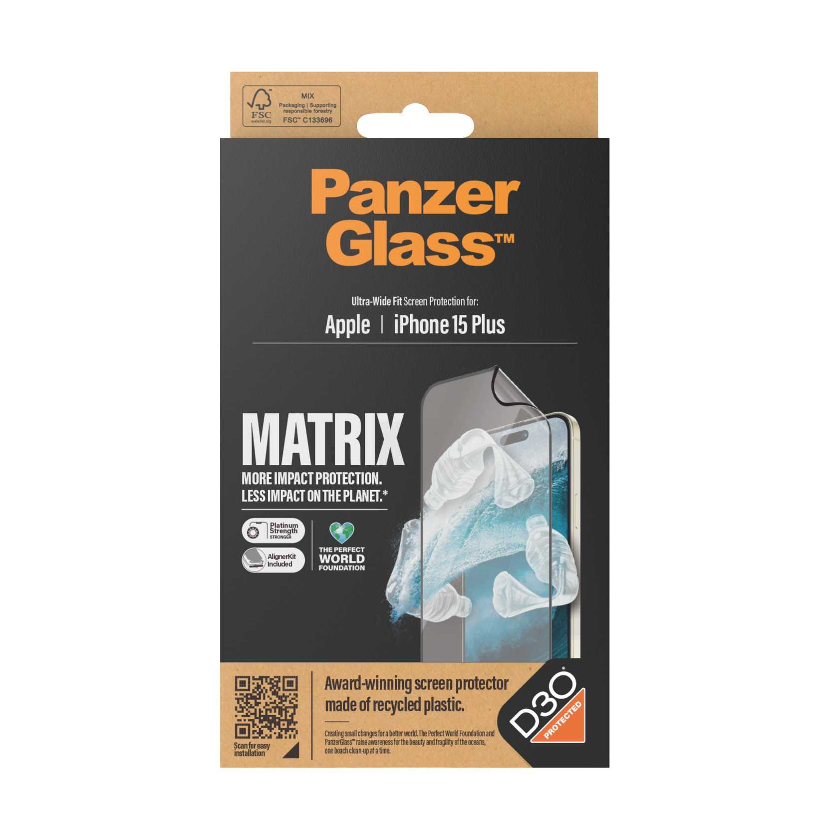 Productverpakking voor een schermbeschermer. Het heeft tekst en afbeeldingen met een heldere beschermer erin.