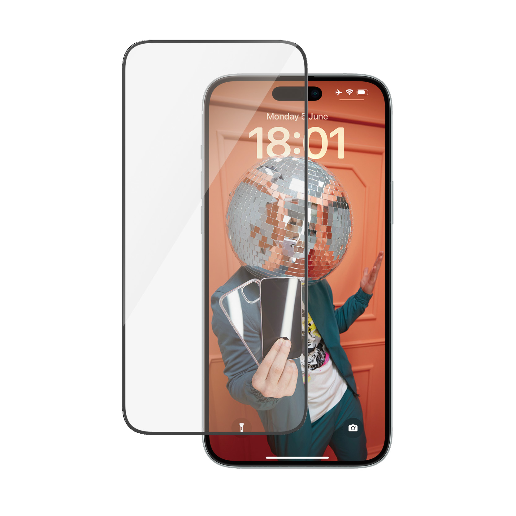 Een smartphone met schermbeschermer, met een discobalhoofd.