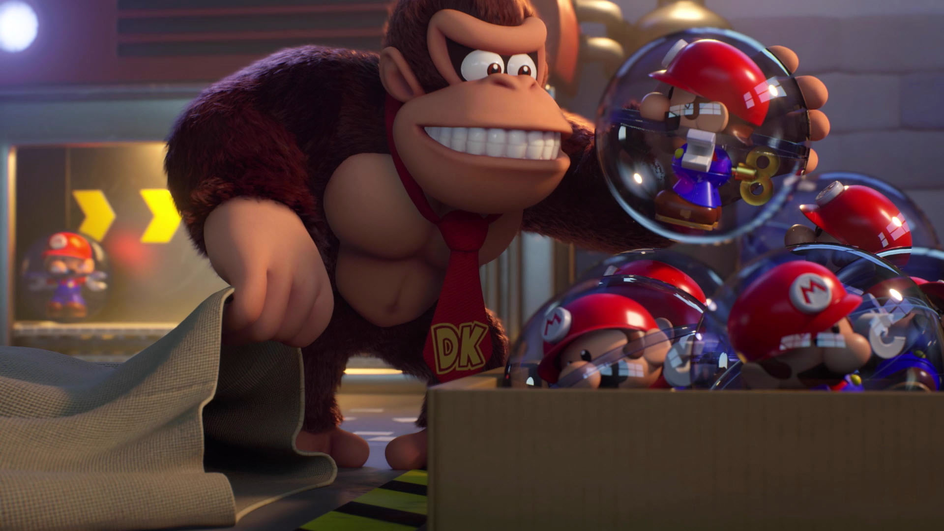 Donkey Kong, Mario oyuncaklarını baloncuklar içinde tutuyor, fütüristik bir ortamda. Diğer Mario oyuncakları bir kutuda.