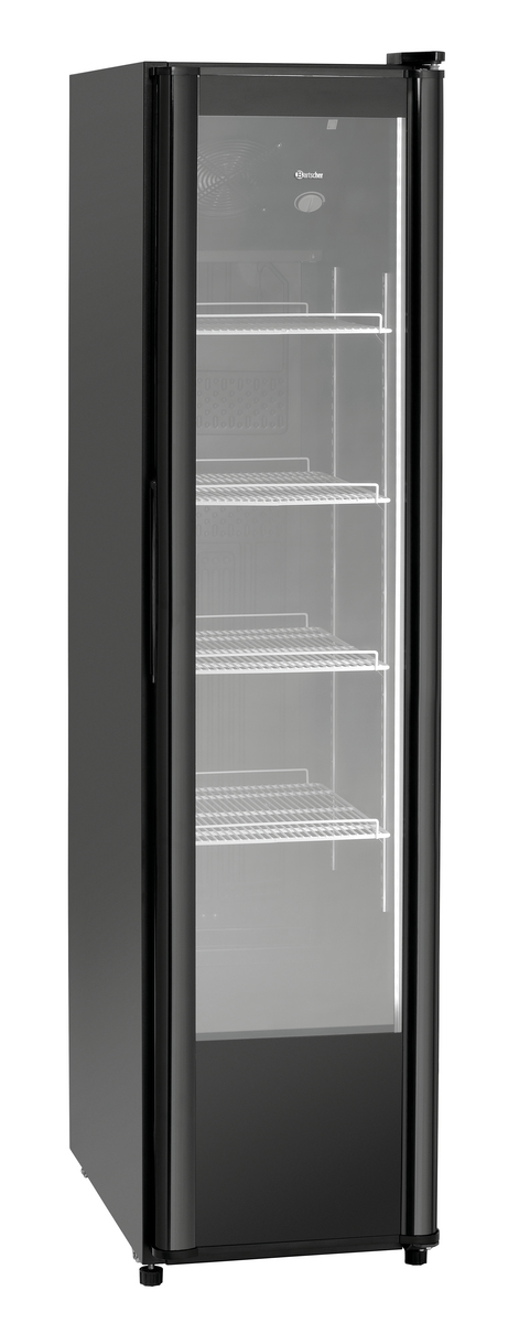 Ein schwarzer gewerblicher Kühlschrank mit Glastür. Im Inneren befinden sich weiße Regale. Die Tür hat einen Griff. Die Marke ist sichtbar.