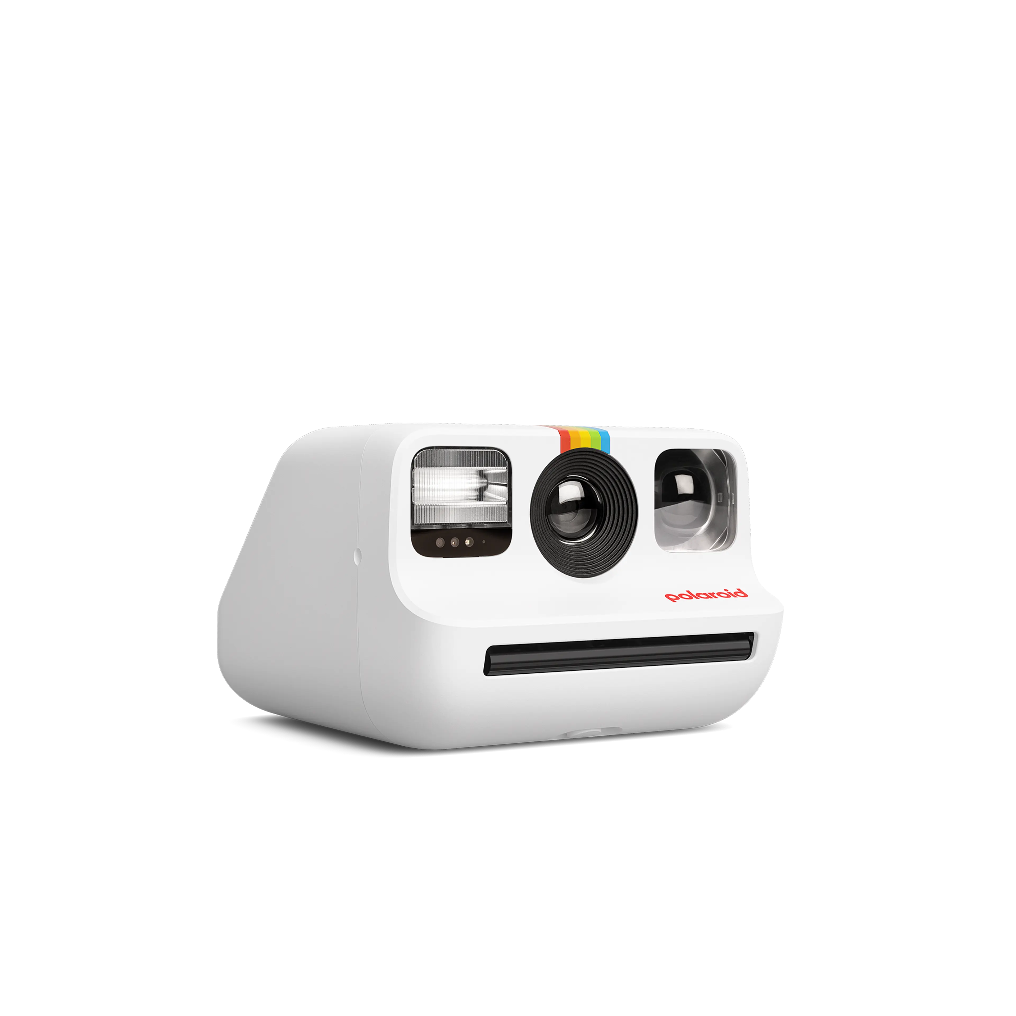 Siyah mercek ve flaşlı beyaz bir Polaroid kamera. Merceğin üzerinde bir gökkuşağı şeridi var.