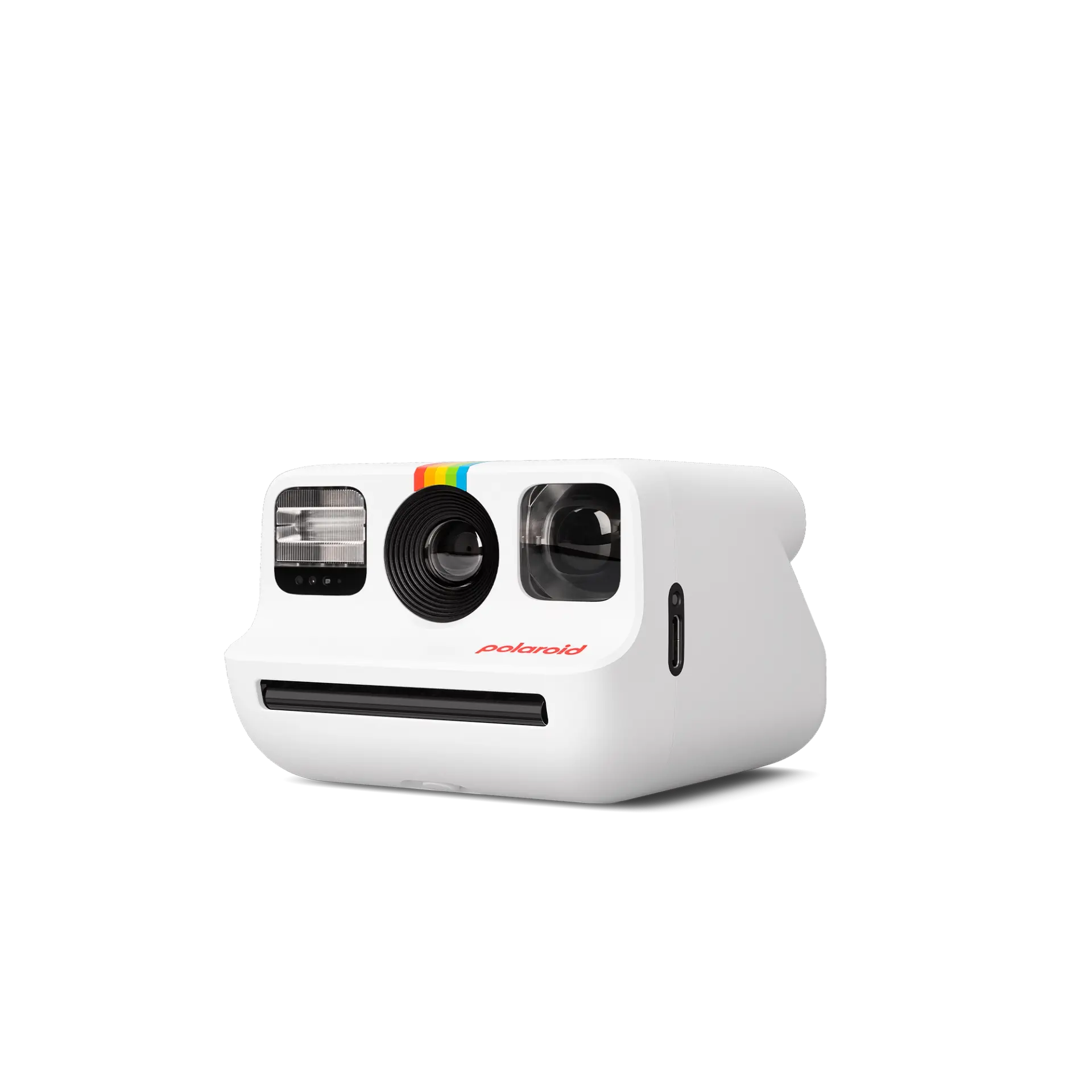 Siyah bir arka plan üzerinde beyaz bir Polaroid kamera, Polaroid logosu görünür durumda.