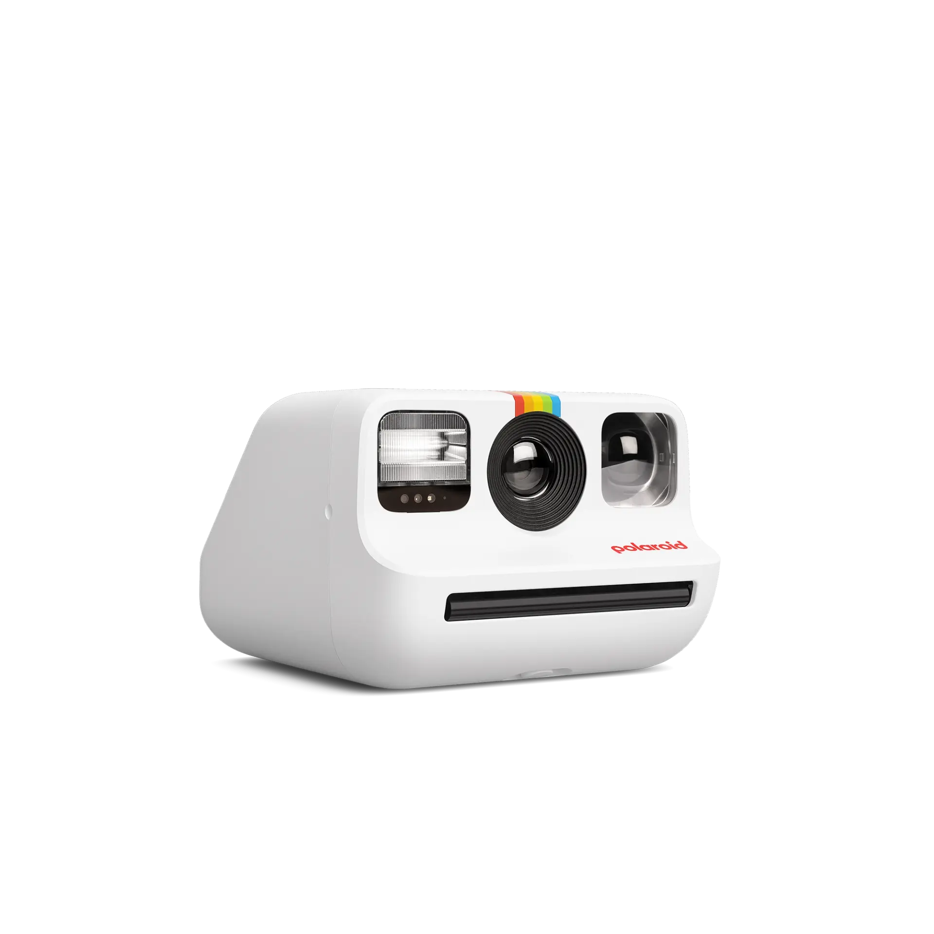 Renkli bir şerit, siyah lens ve kırmızı Polaroid logosu olan beyaz Polaroid kamera. Siyah arka plan.