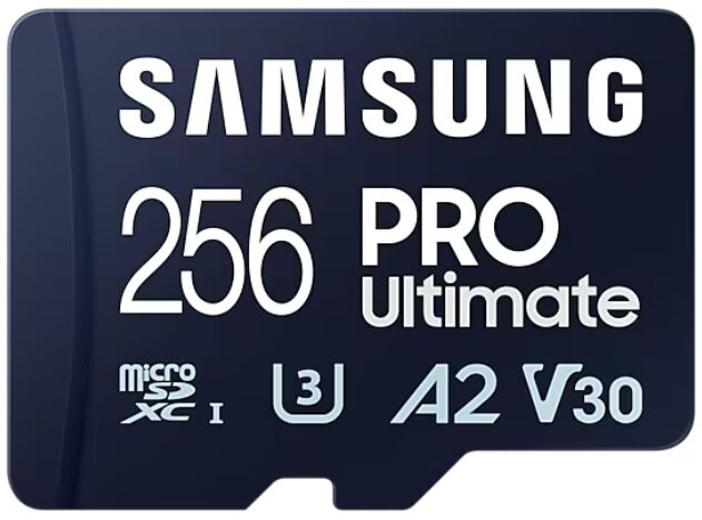 Czarna karta Micro SD Samsung 256 PRO Ultimate z białym tekstem.