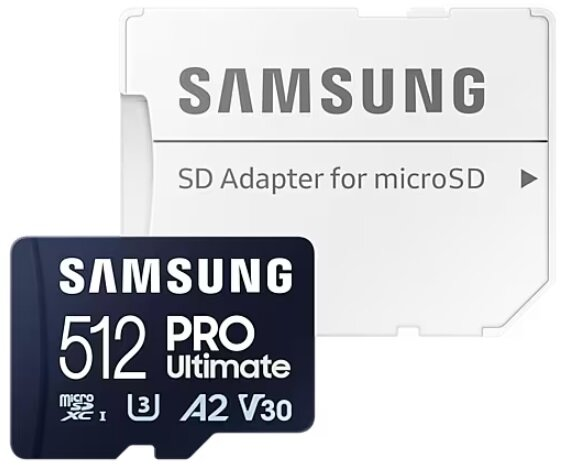 Karta SD i adapter SD, białe tło z tekstem: Samsung.