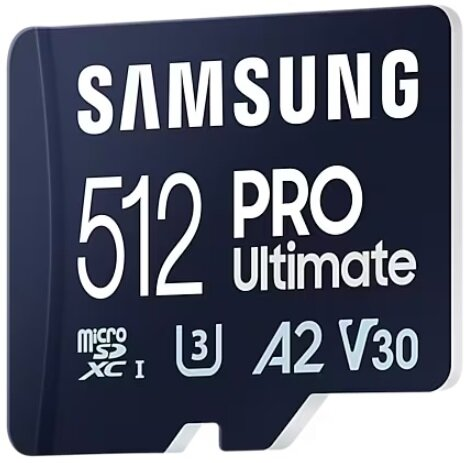 Karta Micro SD Samsung 512 PRO Ultimate. Czarna z białym tekstem. Białe tło.