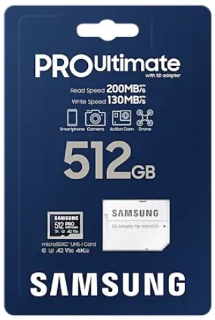 Opakowanie karty SD, niebiesko-białe, z prędkością odczytu i zapisu oraz logo Samsung.