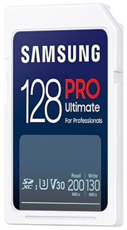 Karta SD SAMSUNG 128 PRO Ultimate. Biała karta z niebieskim i czerwonym tekstem.