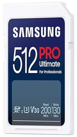 Biała i niebieska karta SD z tekstem. Czyta 512 PRO Ultimate For Professionals.