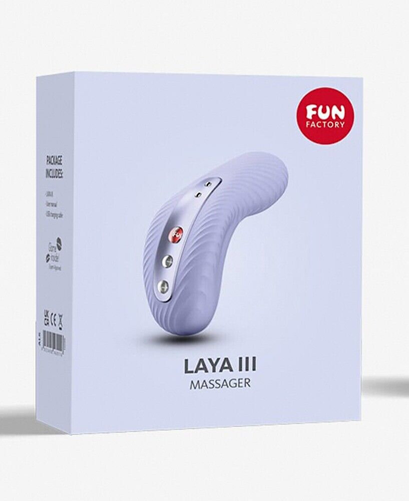 Pudełko 'Laya III Massager' firmy Fun Factory. Widoczny jasnofioletowy masażer.