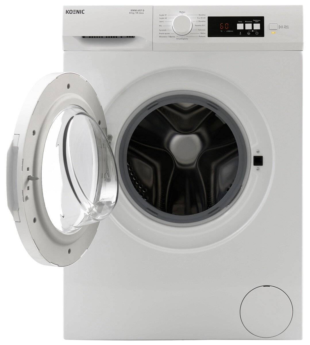 Biała pralka z otwartymi drzwiami. Widoczny bęben.