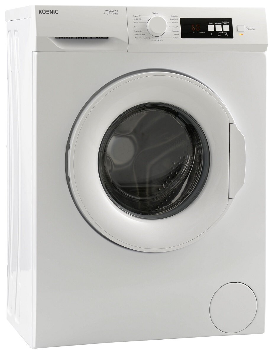 Biała pralka Koenic. Maszyna ma drzwi i panel sterowania po prawej stronie u góry.